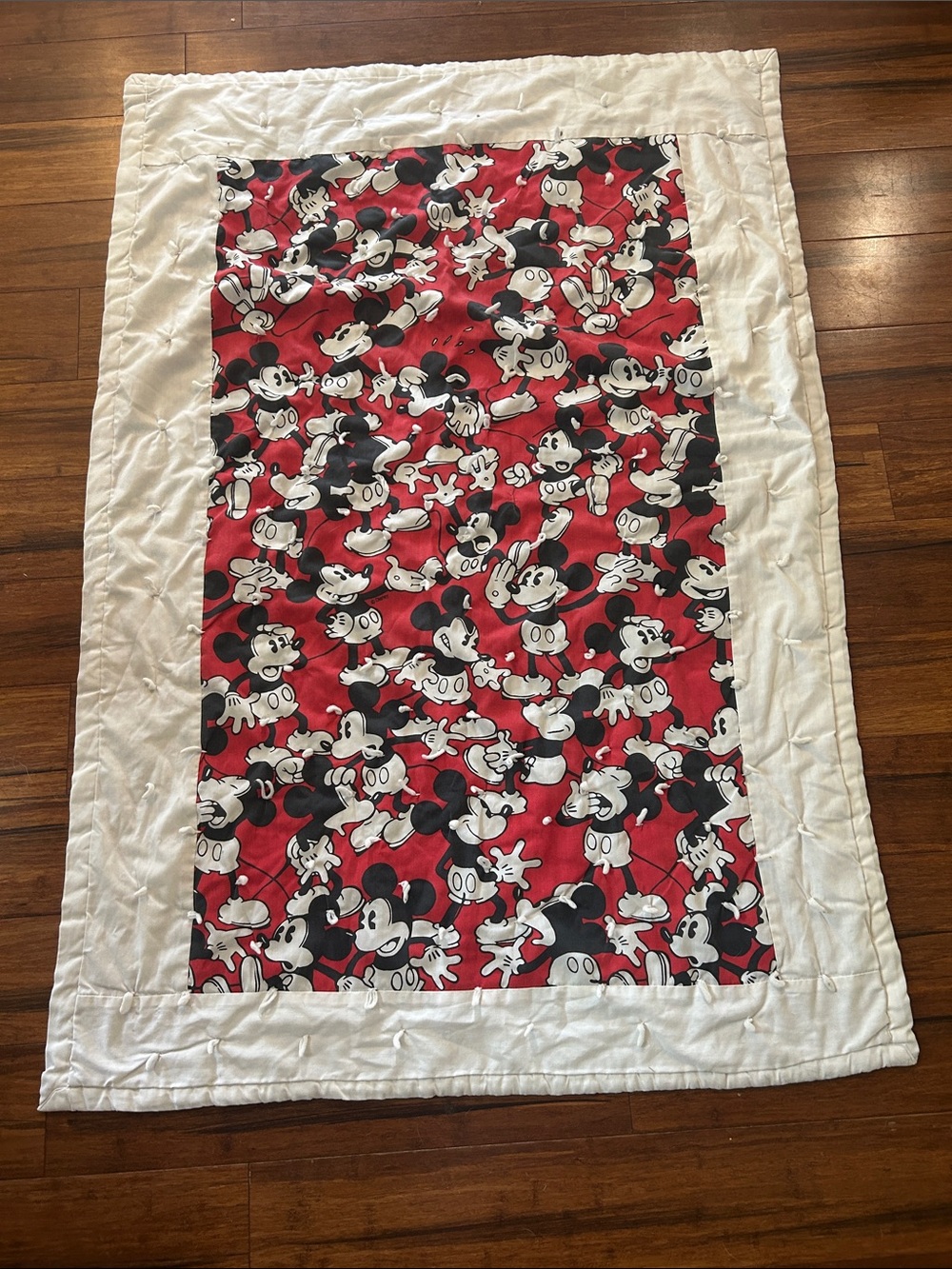Vintage Handmade Mickey Mouse  Print Quilt with White Border